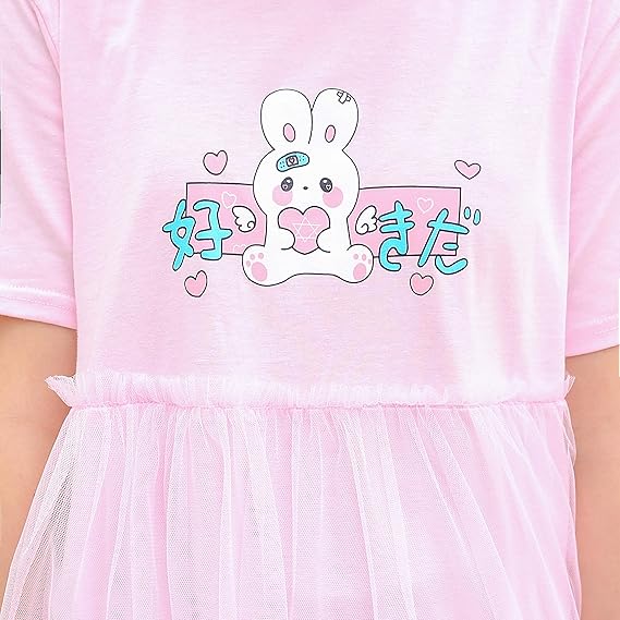 Kawaii Rabbit Graphic T-Shirt Dress White Short Sleeve Tee with Sheer Tulle Skirt with Mesh Overlay